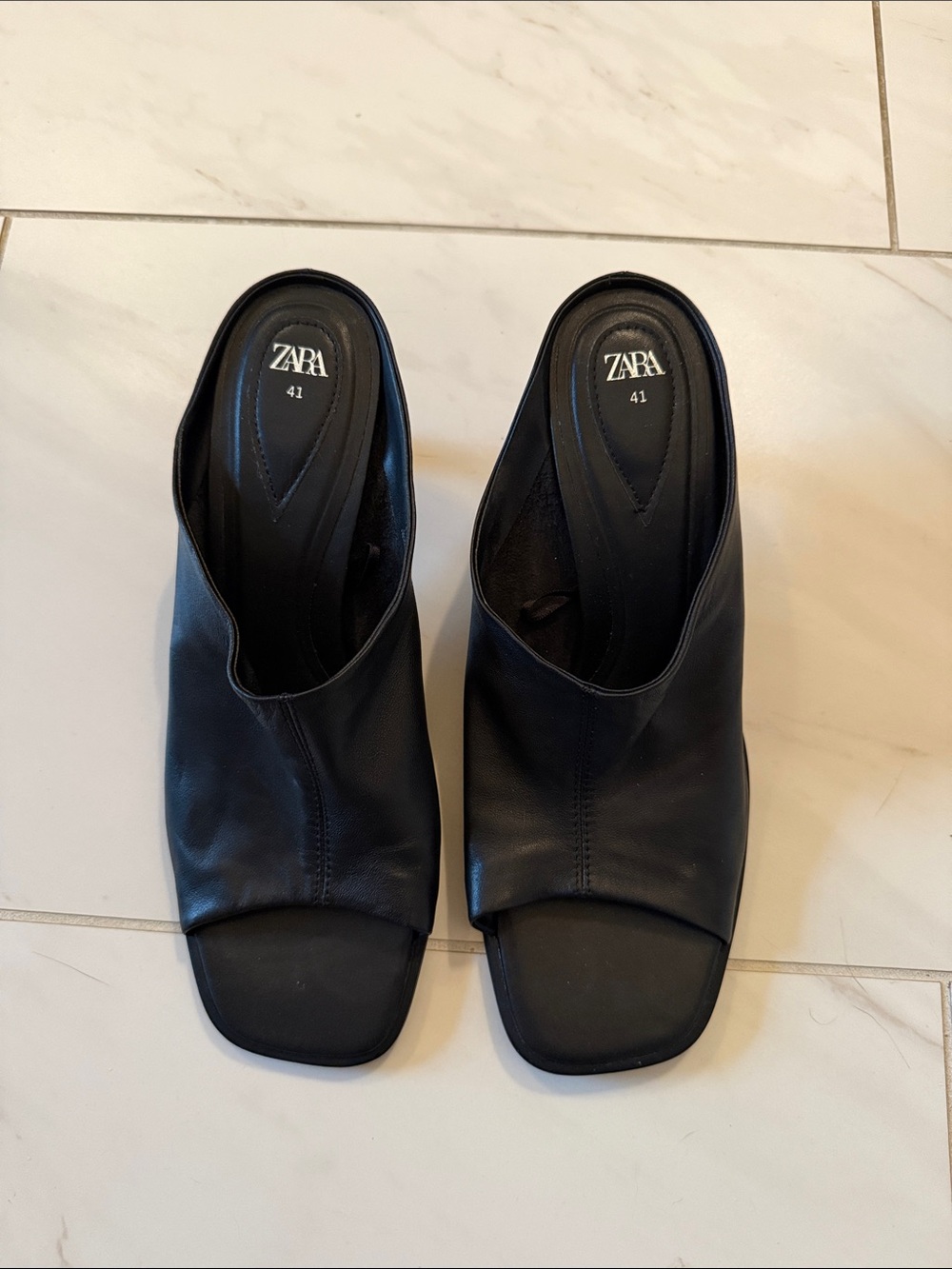 ZARA Black Leather Square-Toe Slide Mules